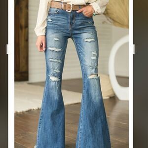 NWT Blue Spice 13 High Waist Flare Stretch Distressed Denim Jeans Light Blue Was